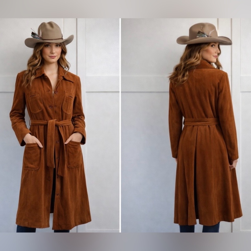Vintage Split End Ltd Suede Leather Trench Coat Festival 1970 Orange Brown 13/14
